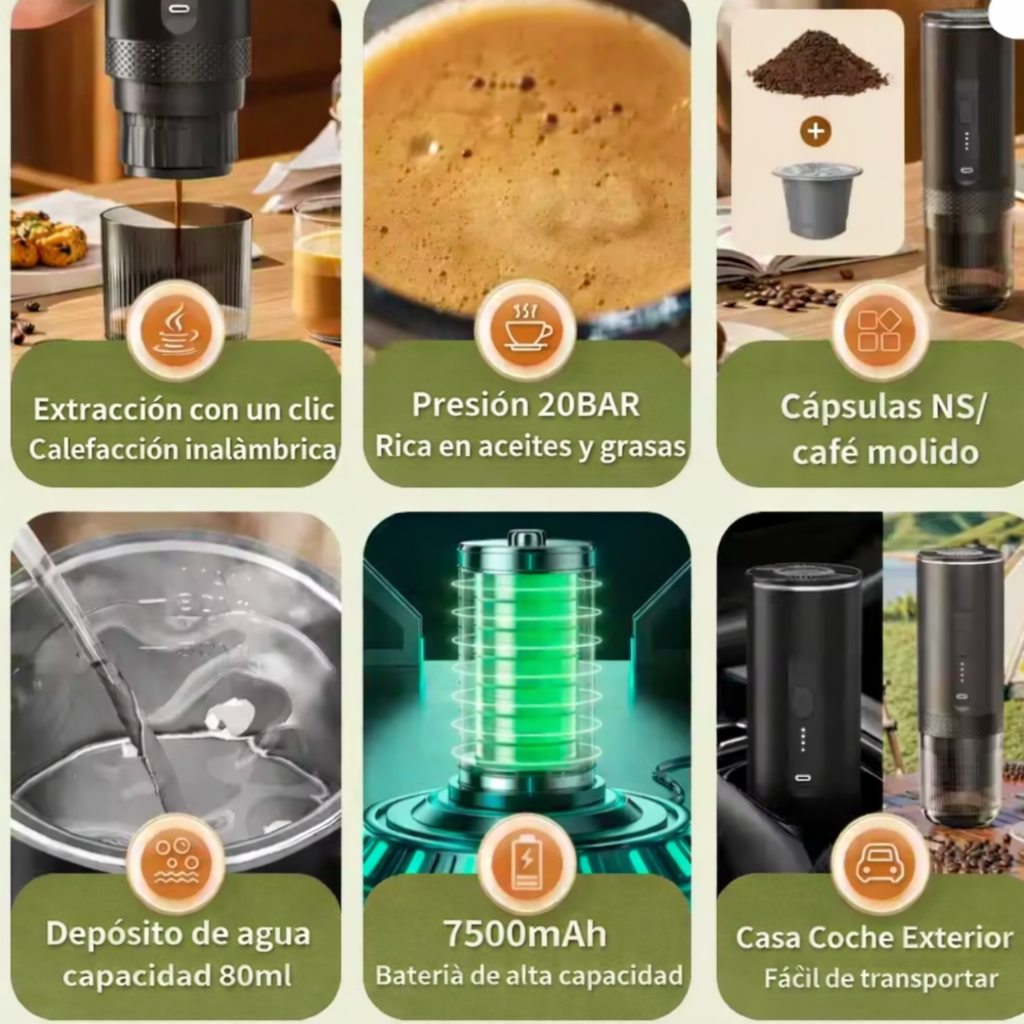 Cafetera express portátil 20bar para cápsulas Nespresso y café molido