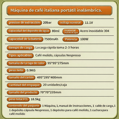 Cafetera express portátil 20bar para cápsulas Nespresso y café molido